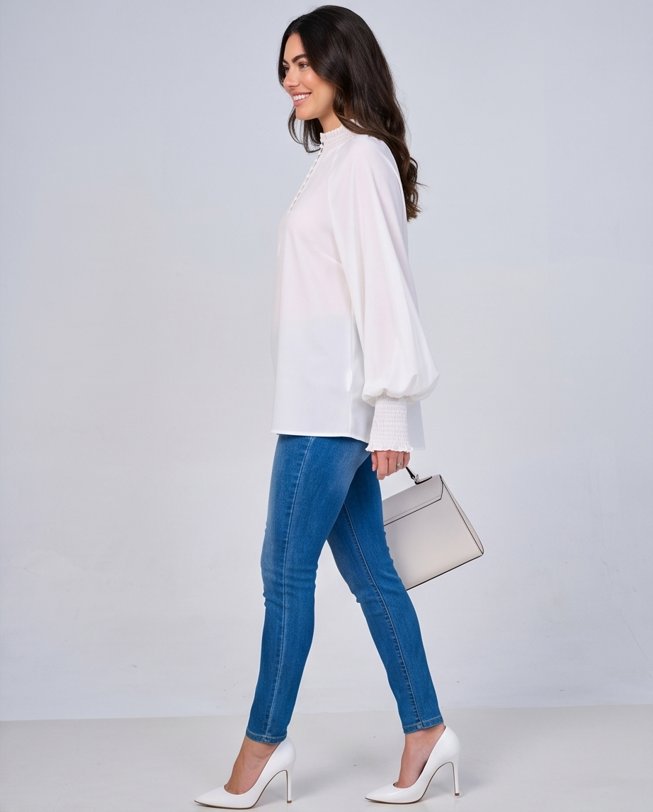 Elegant White Blouse with Balloon Sleeves