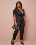Plus Size Silk Black Gathered Sleeve Bodysuit