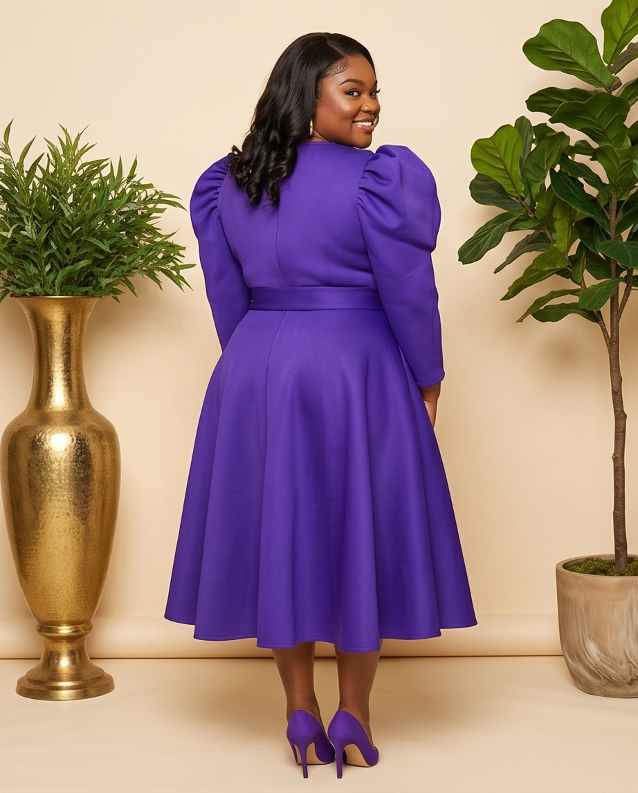 Plus Size Purple Puff Sleeve Skater Dress