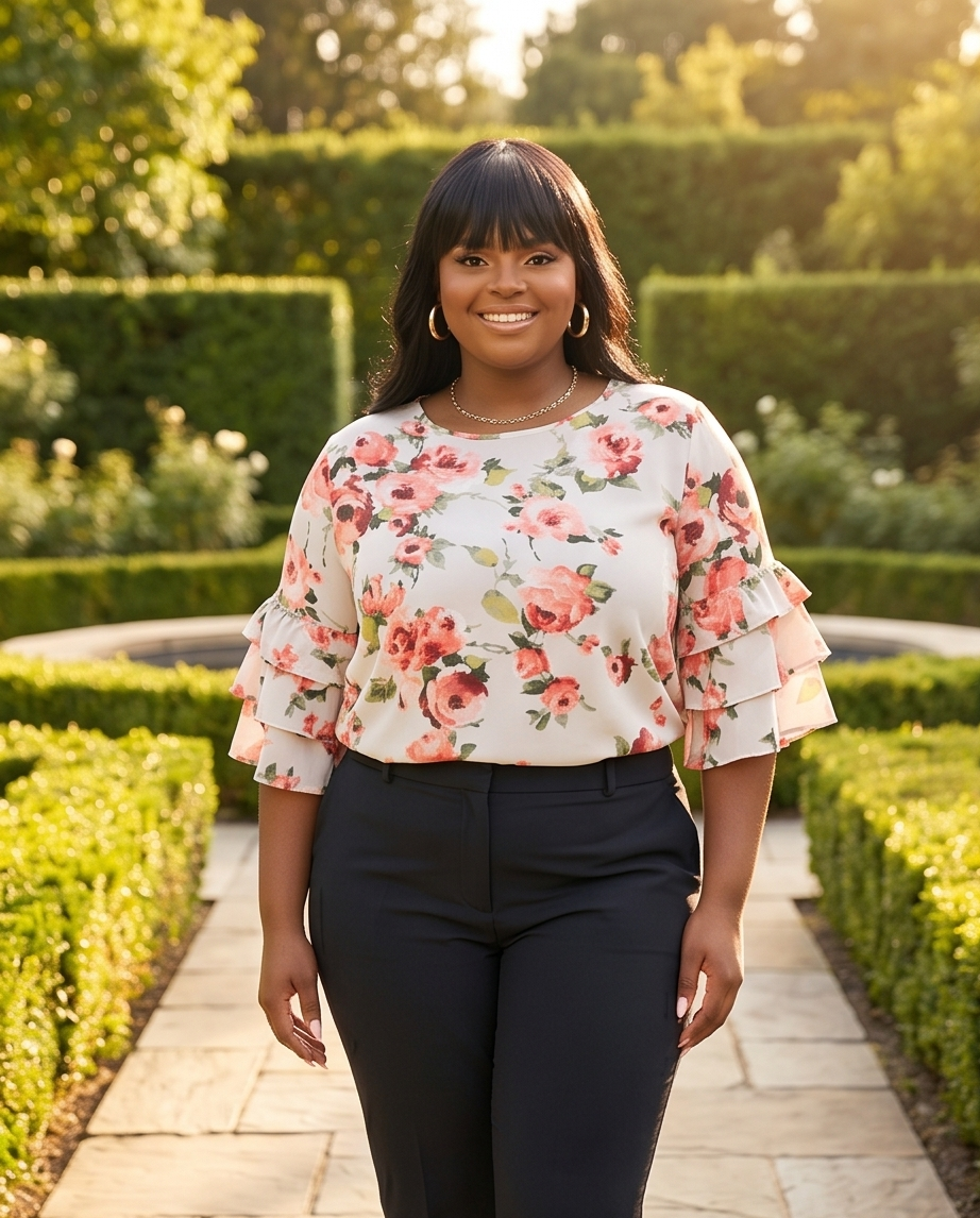 Plus Size Ivory Ruffle Floral Top