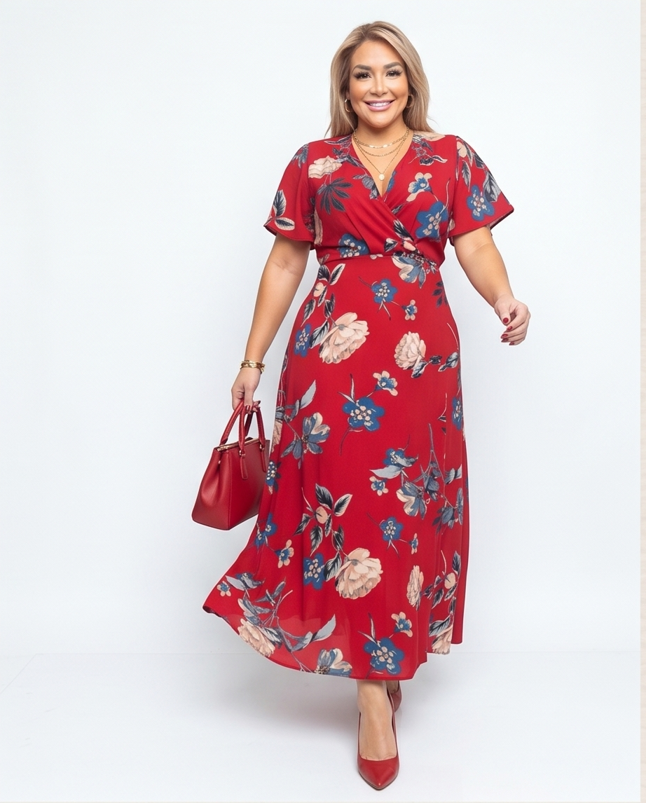 Plus Size Burgundy Floral Maxi Wrap Dress