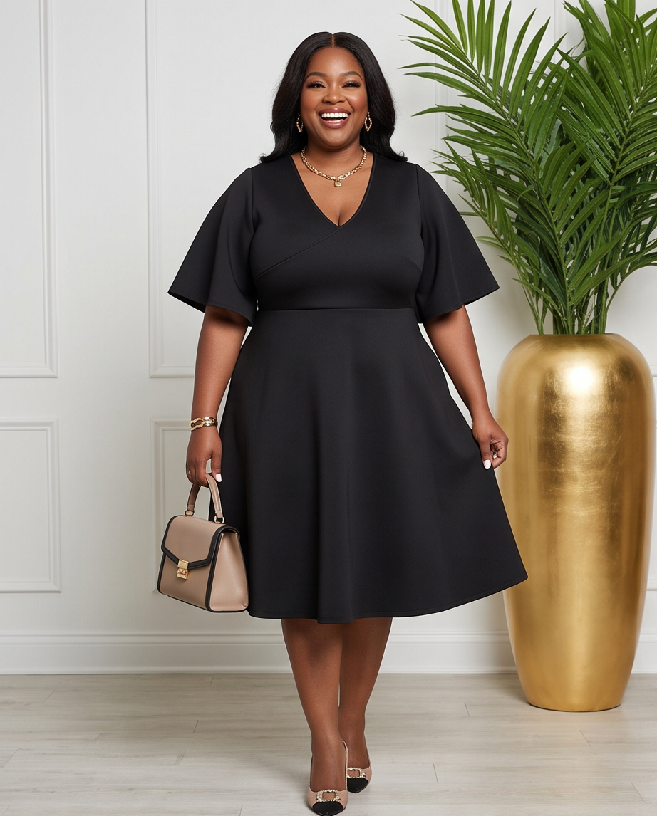 Plus Size Black Midi Skater Dress