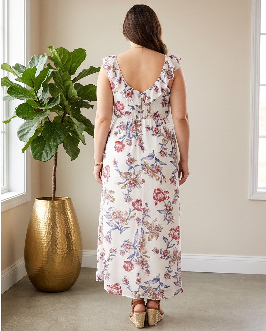 Plus Size White Floral Ruffle Maxi Dress