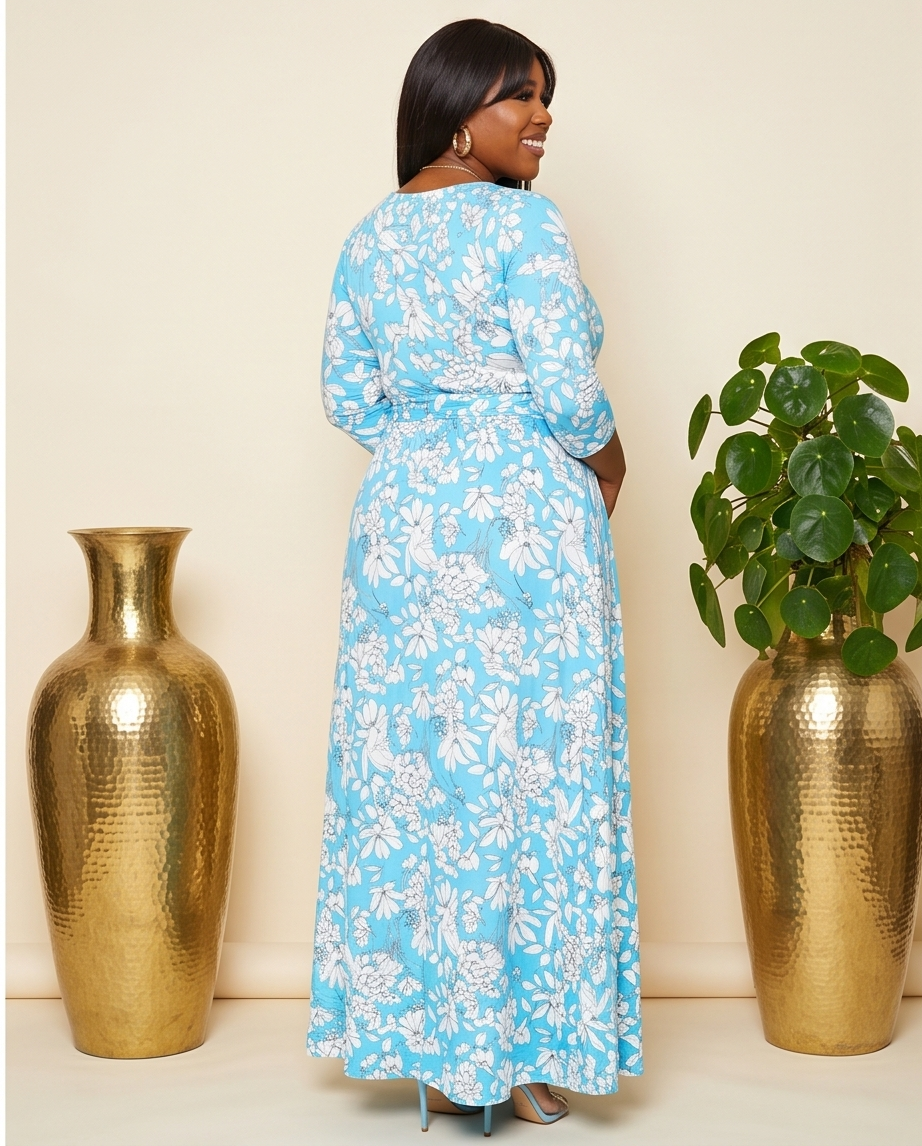 Plus Size Blue Wrap Floral Maxi Dress