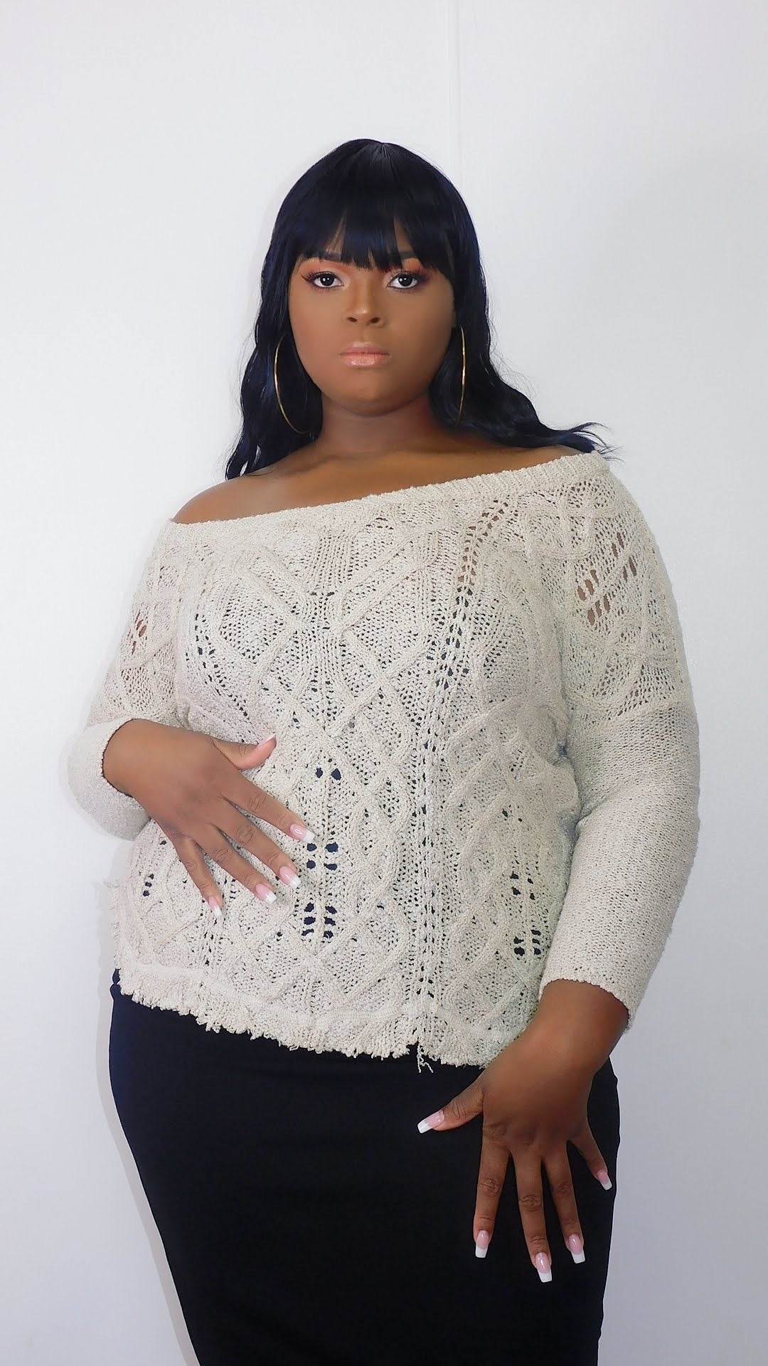 Plus Size Beige Raw Hem Sweater - 1027