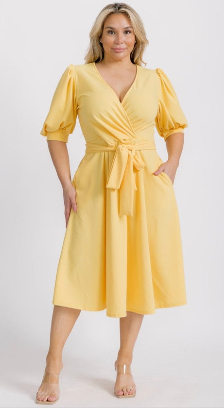 Plus Size Yellow Belted Skater Dress - 1739