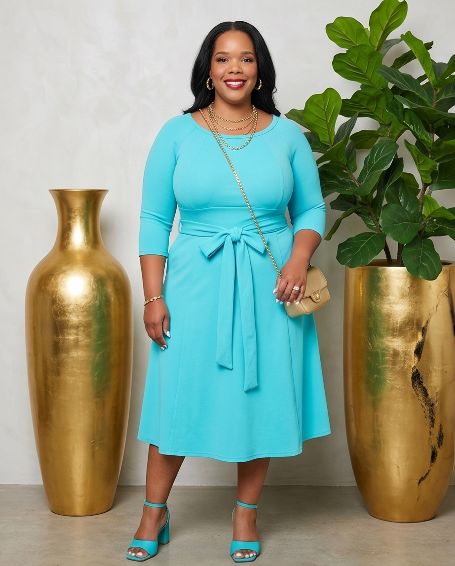 Plus Size Sky Blue Belted Dress