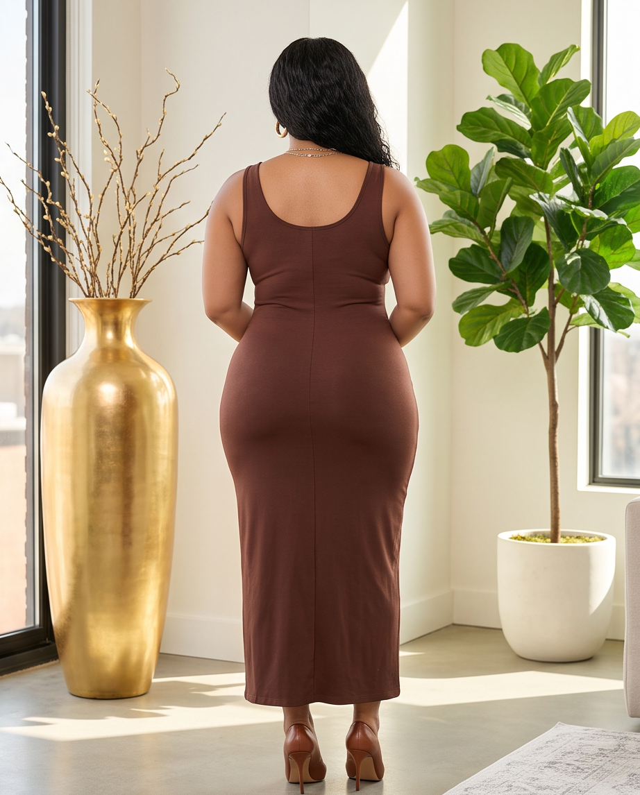 Reg/Plus Brown Stretchy Maxi Dress
