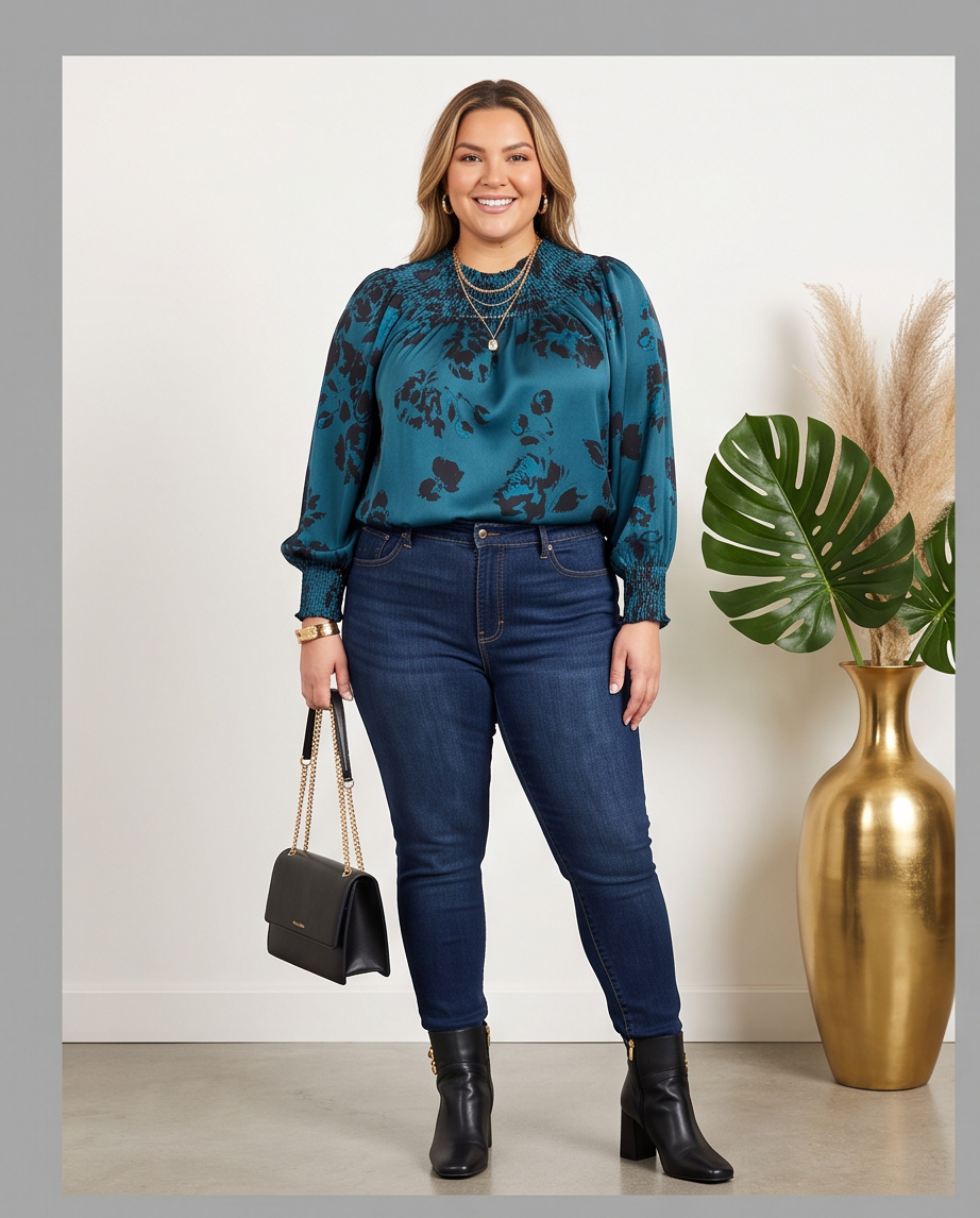 Plus Size Teal & Black Smocked Neck Top