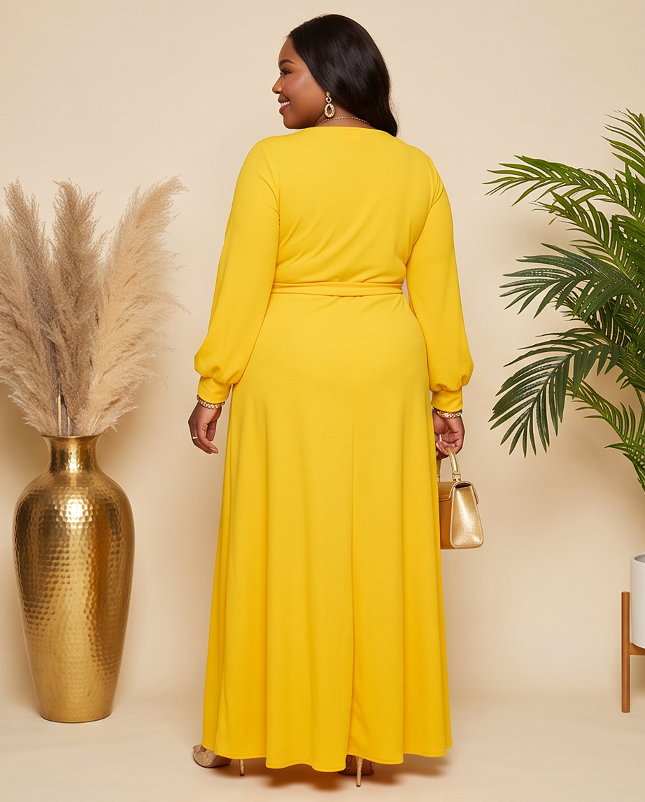 Plus Size Yellow Side Slit Maxi Dress