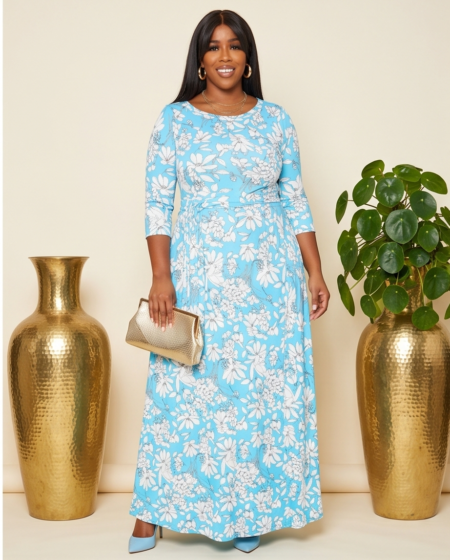 Plus Size Blue Wrap Floral Maxi Dress
