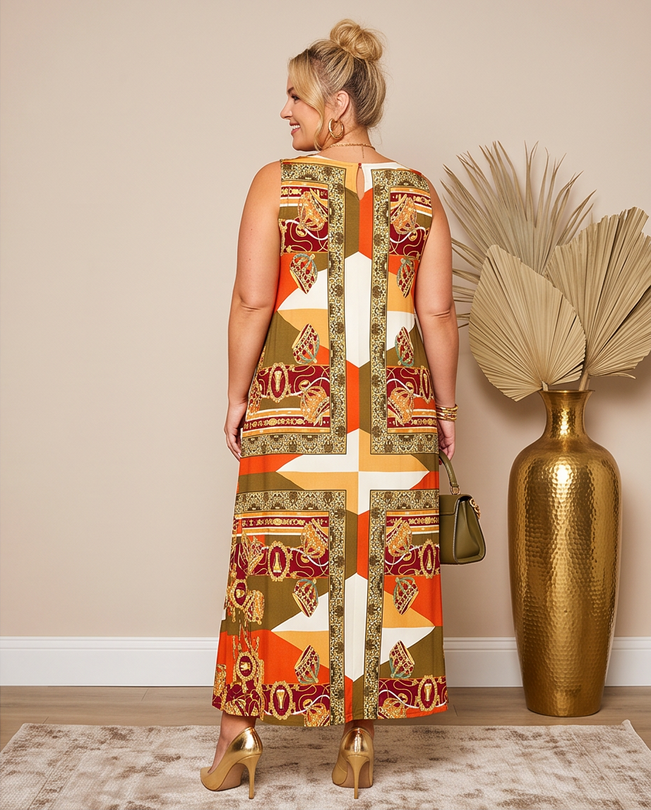Plus Size Abstract Crown Print Maxi Dress