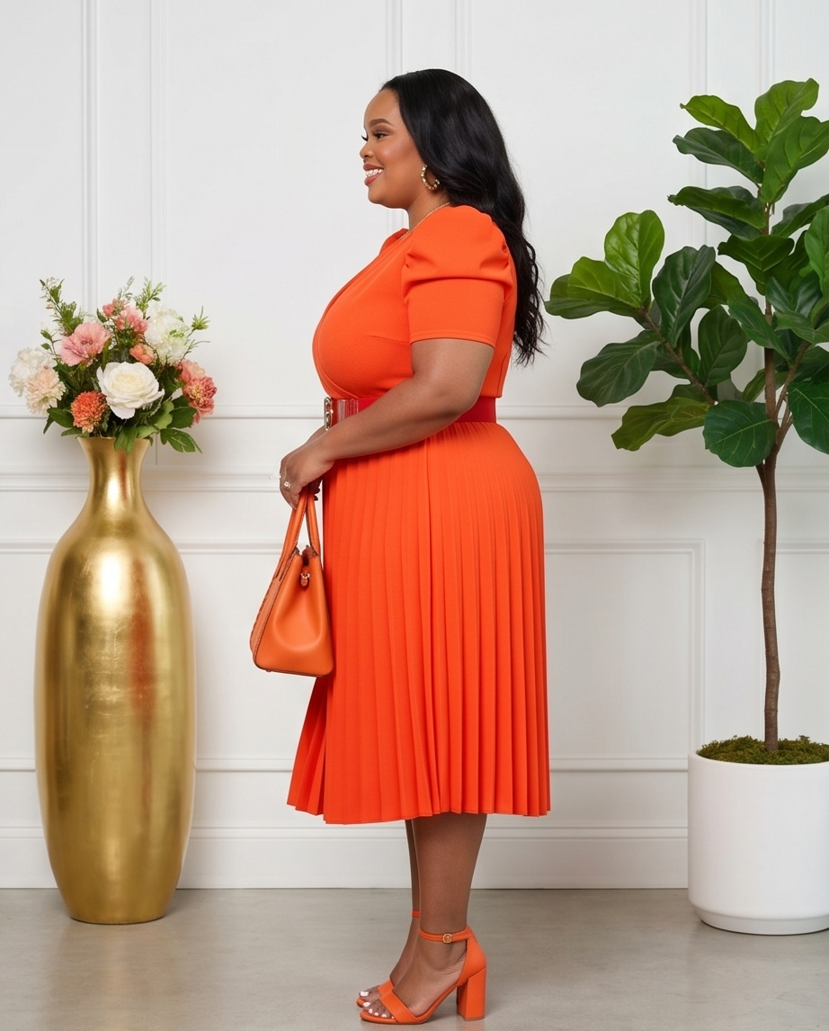 Plus Size Orange Pleated Midi Dress