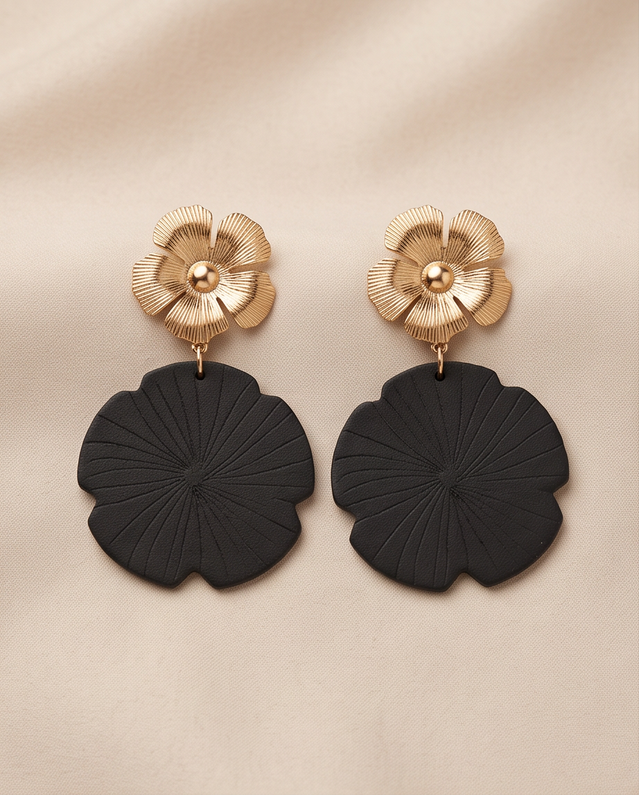 Gold & Black Flower Pattern Earrings