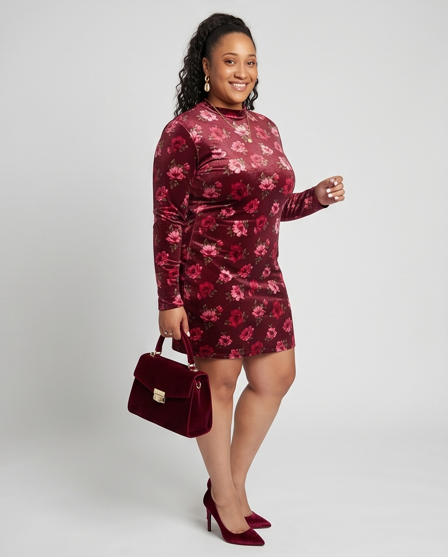 Plus Size Velvet Burgundy Long Sleeve Dress