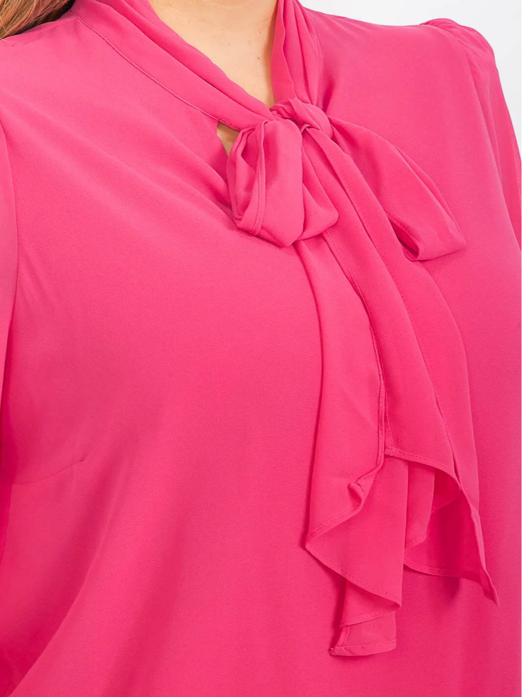 Plus Size Pink Long Sleeve Tie Neck Solid Blouse - STT16919SX