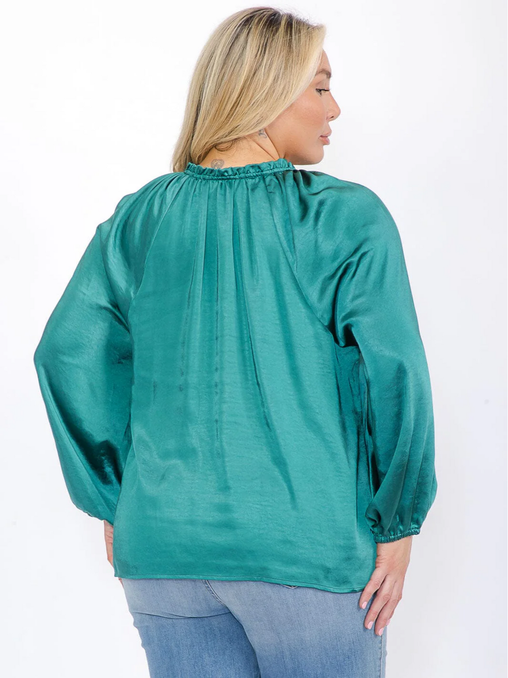 Plus Size Green Long Sleeve Satin Blouse - STT17104SX