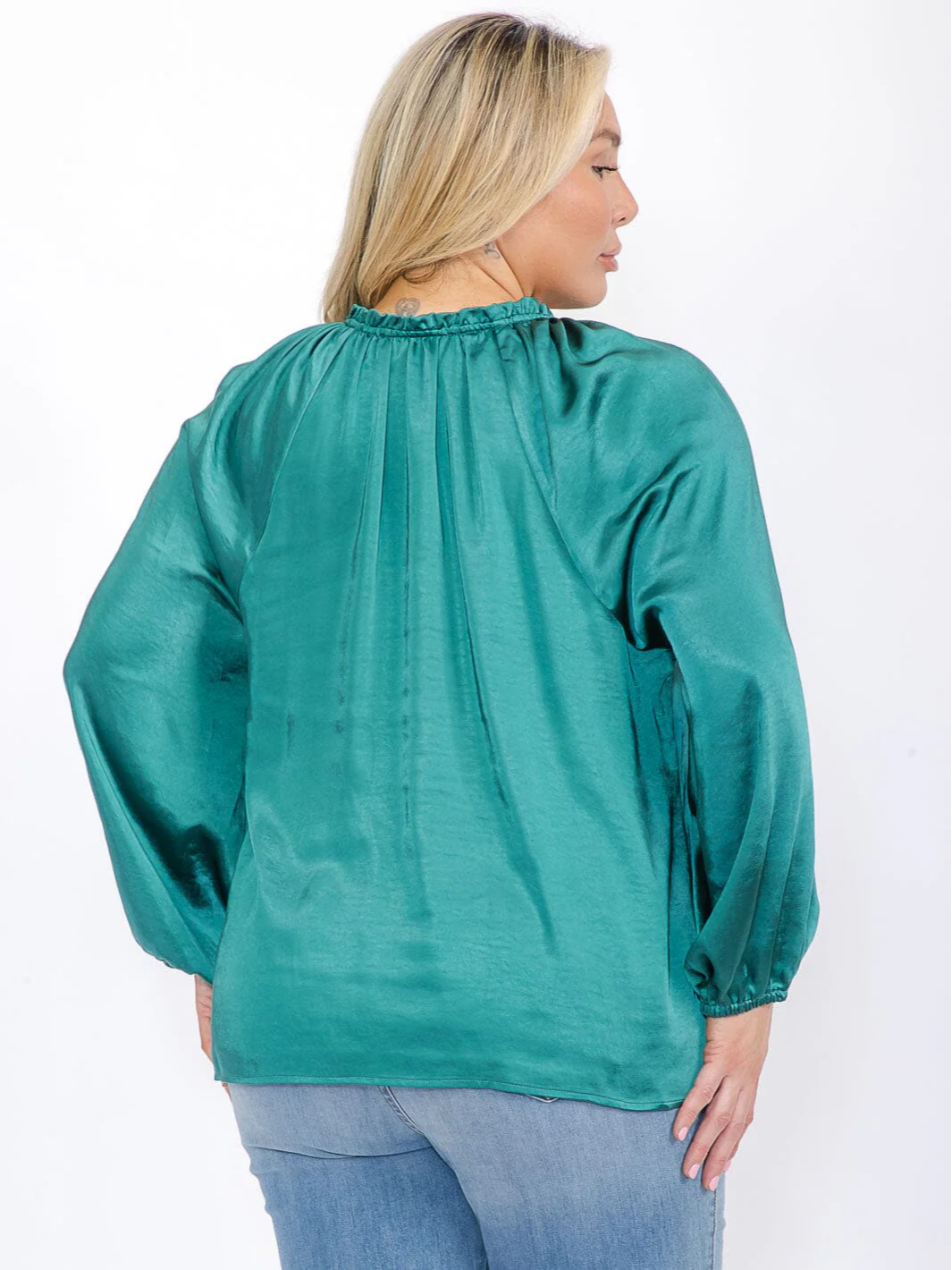 Plus Size Green Long Sleeve Satin Blouse - STT17104SX