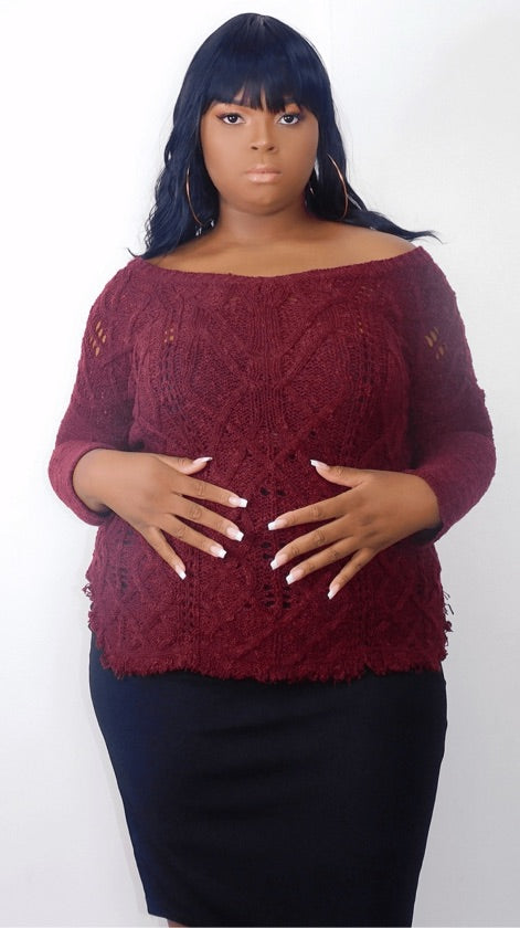 Plus Size Burgundy Raw Hem Top - 1032