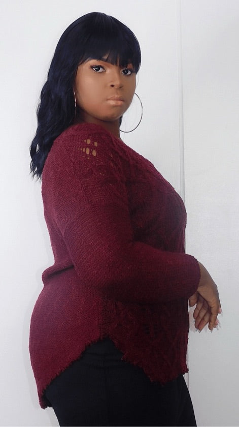 Plus Size Burgundy Raw Hem Top - 1032