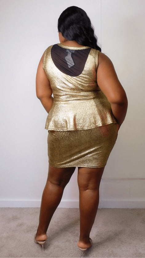 Plus Size Gold Glitter Peplum Dress - 1106