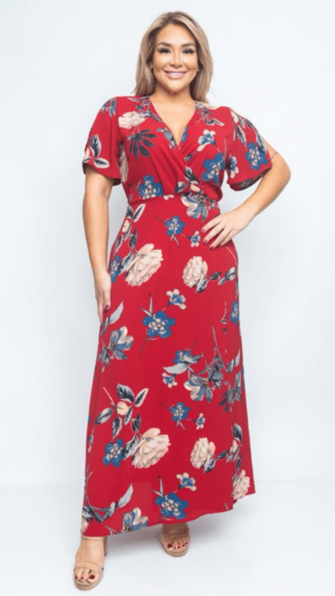Plus Size Burgundy Floral Maxi Wrap Dress - 1117