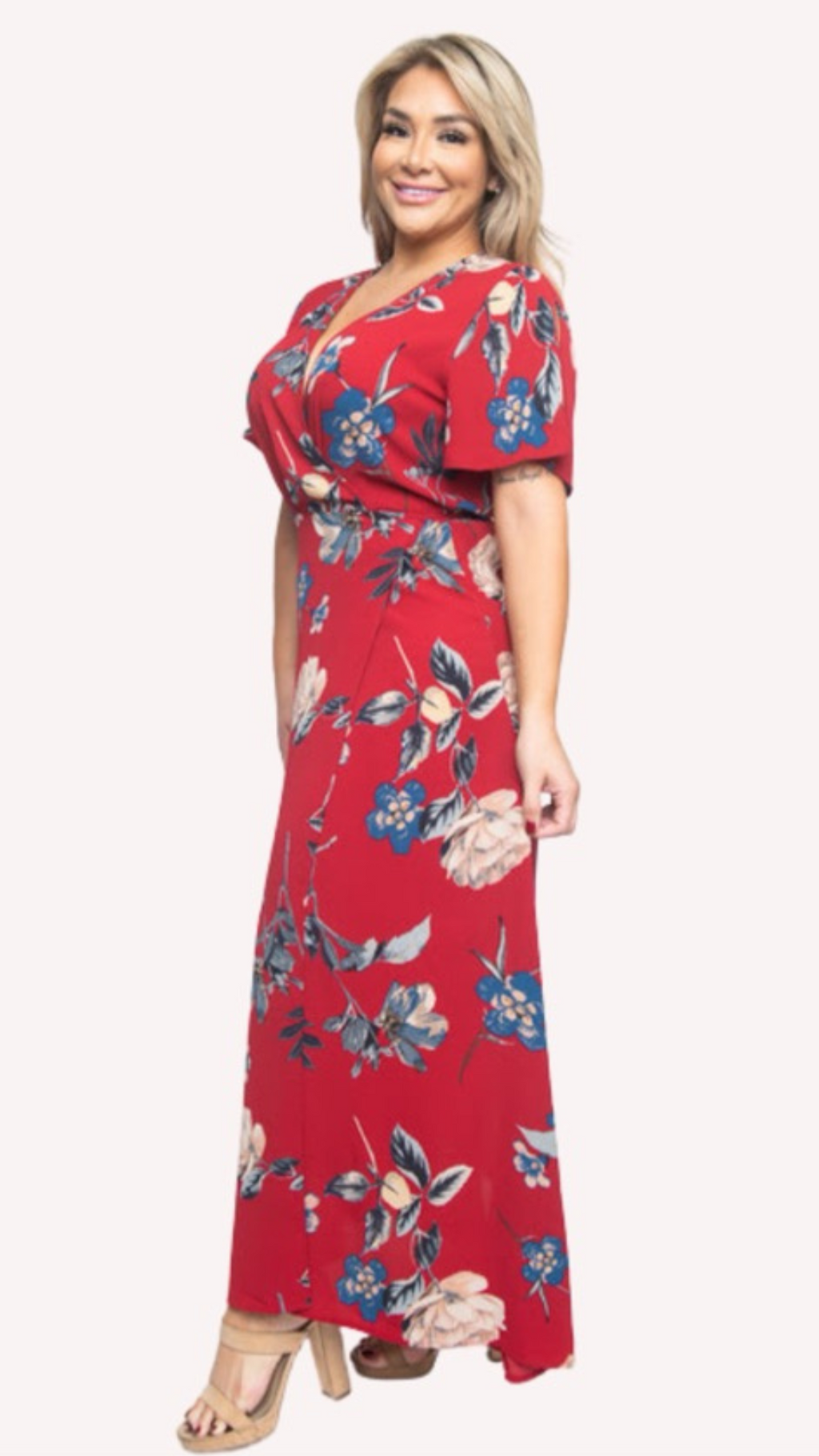 Plus Size Burgundy Floral Maxi Wrap Dress - 1117