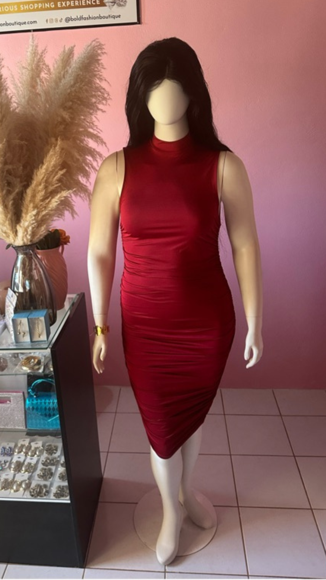 Plus Size Burgundy Stretchy Cinched Dress - 1567