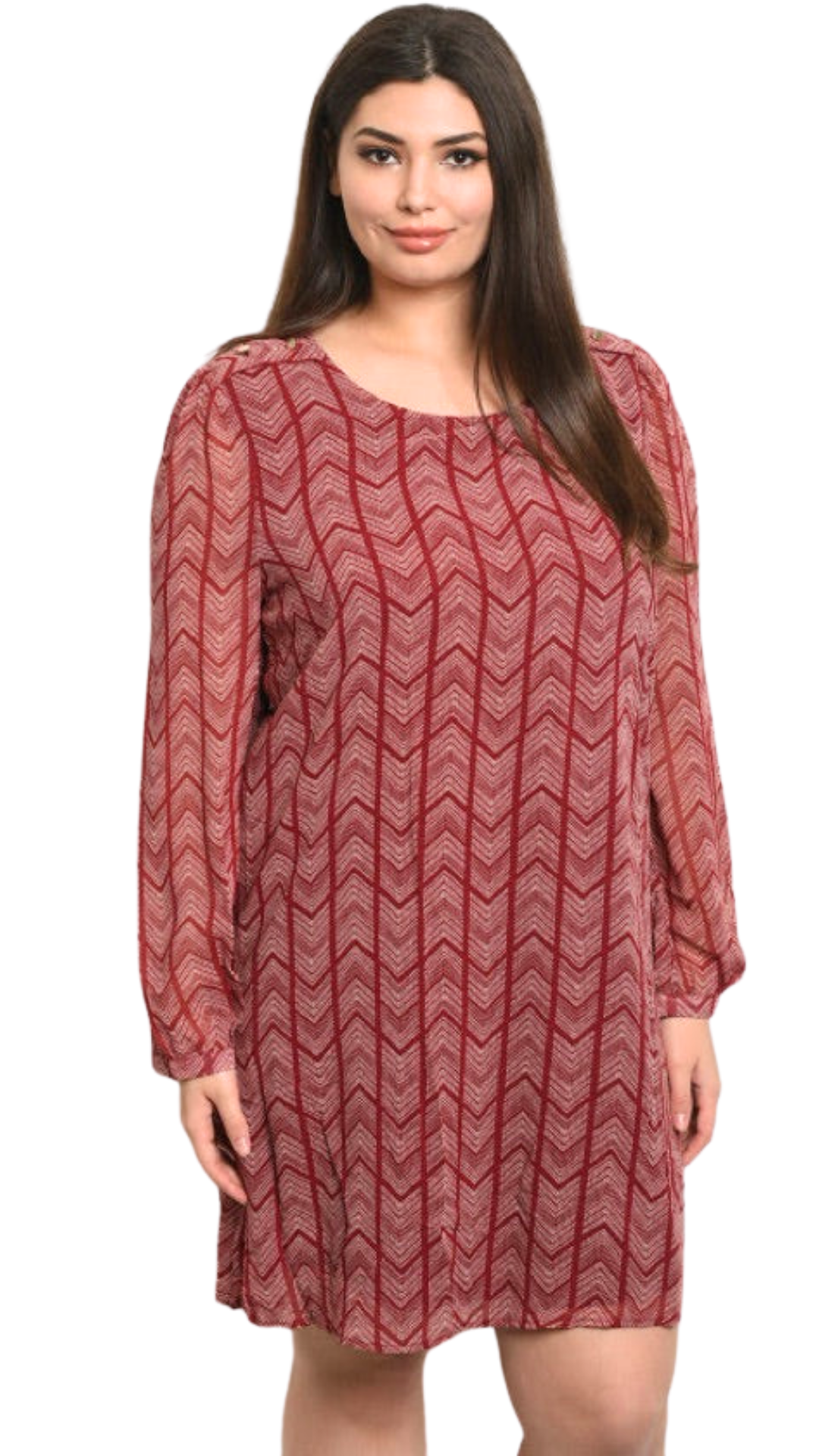 Plus Size Burgundy Long Sleeve Shirt Dress - 1033