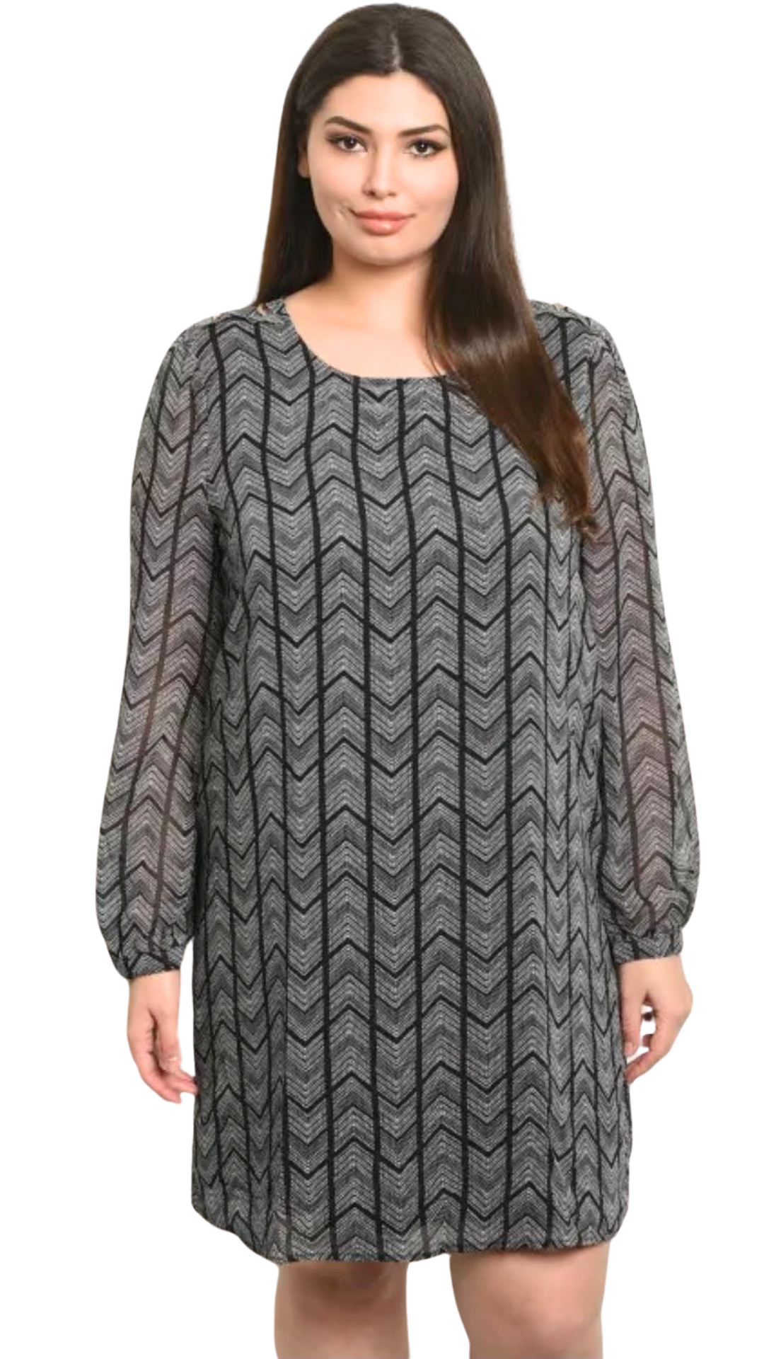 Plus Size Black Long Sleeve Shirt Dress - 1037