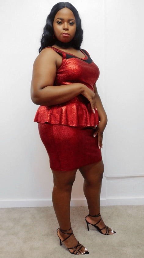 Plus Size Red Glitter Peplum Dress - 1105