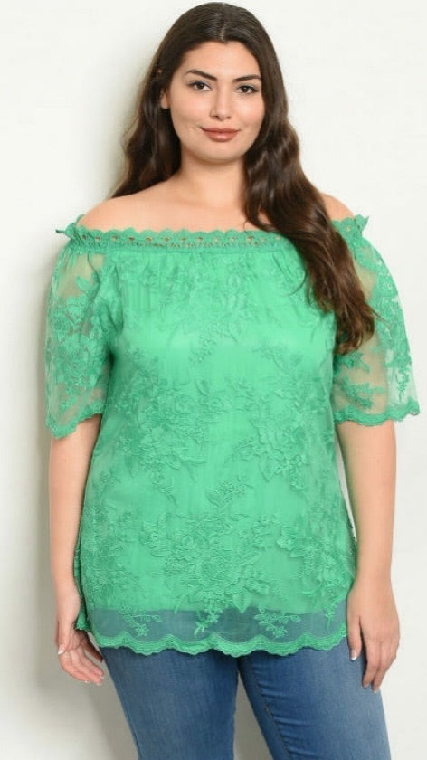 Plus Size Green Off Shoulder Lace Top - 1056