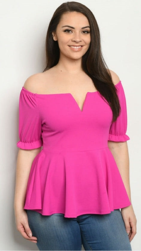 Plus Size Hot Pink Off Shoulder Top - 1058