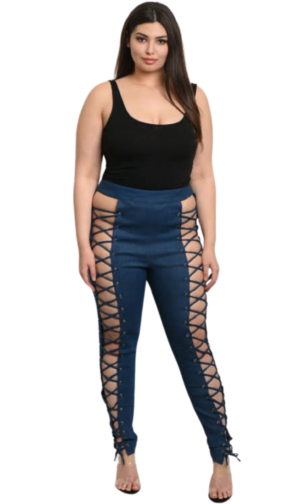 Plus Size Lace Up Denim Pants - 1026