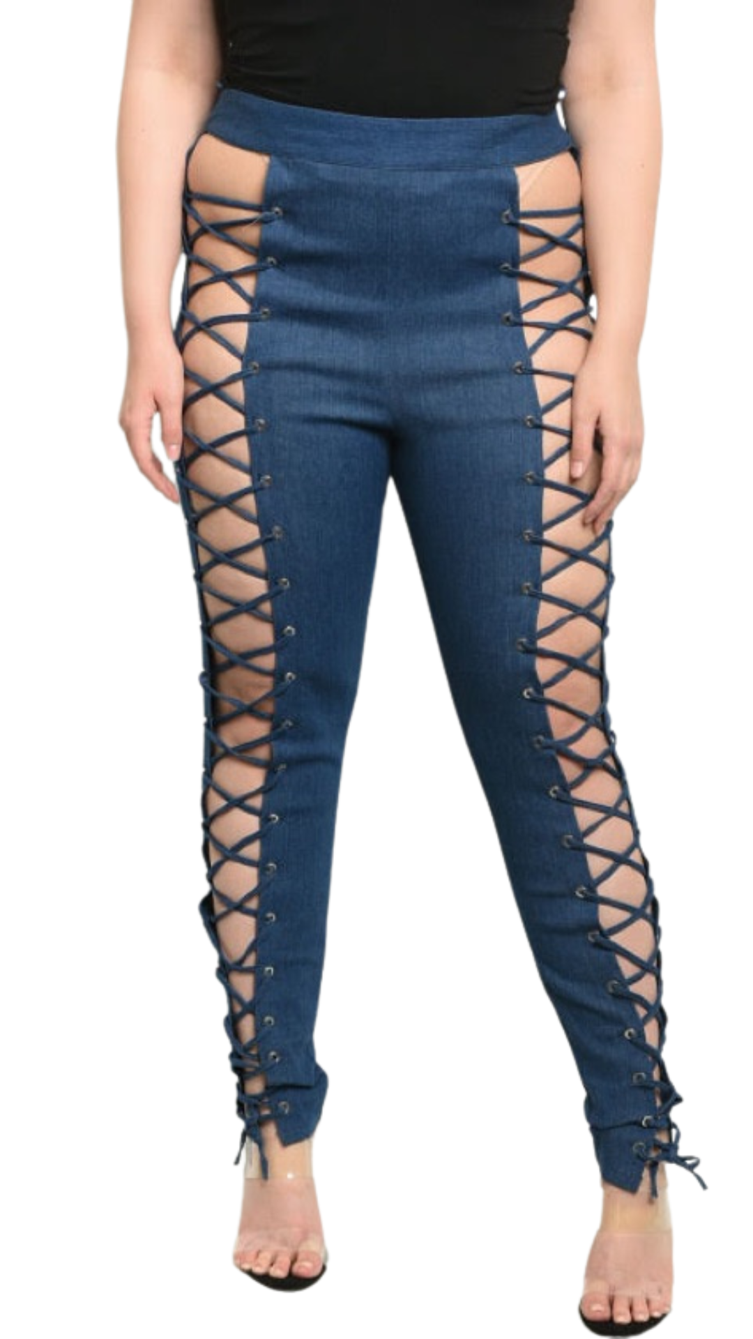 Plus Size Lace Up Denim Pants - 1026