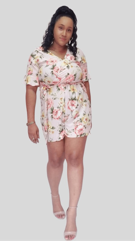 Plus Size Floral Peach Belted Jumpsuit - 1065