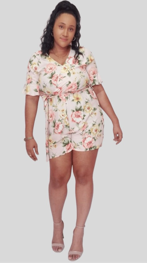 Plus Size Floral Peach Belted Jumpsuit - 1065