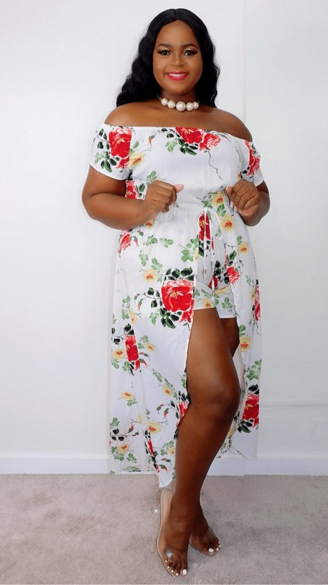 Plus Size White Floral Overlay Jumpsuit - 1076
