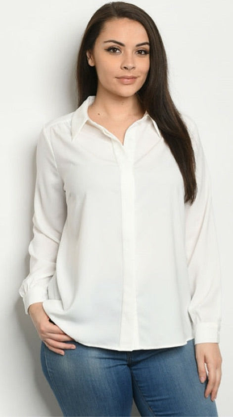 Plus Size White Long Sleeve Silky Office Top - 1256
