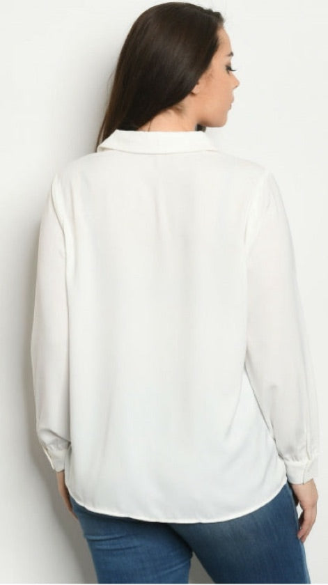 Plus Size White Long Sleeve Silky Office Top - 1256
