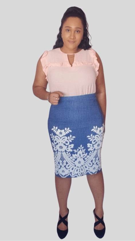 Plus Size Crochet Detail Denim Skirt - 1062