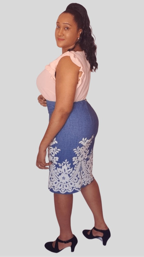 Plus Size Crochet Detail Denim Skirt - 1062