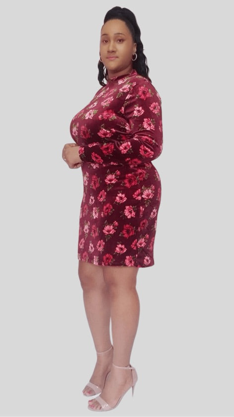 Plus Size Floral Long Sleeve Velvet Dress - 1111