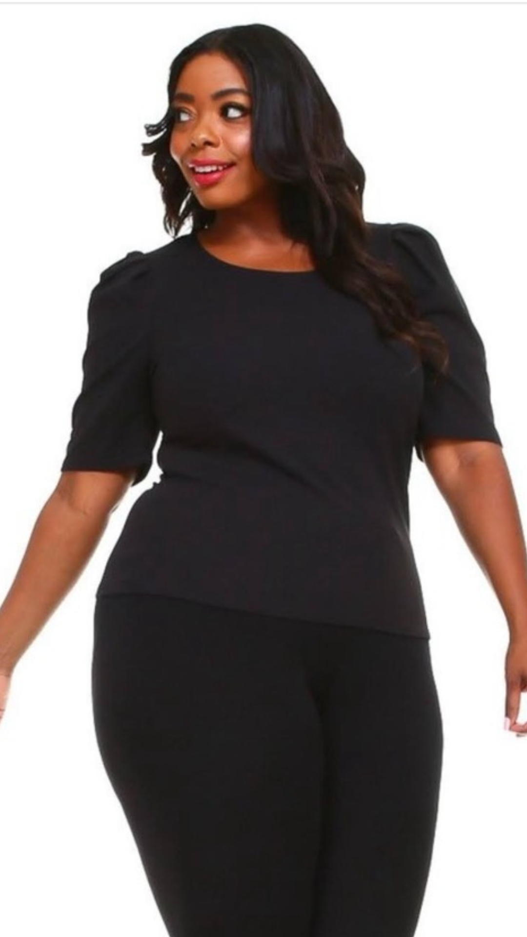 Plus Size Gathered Sleeve Black Top - 1278