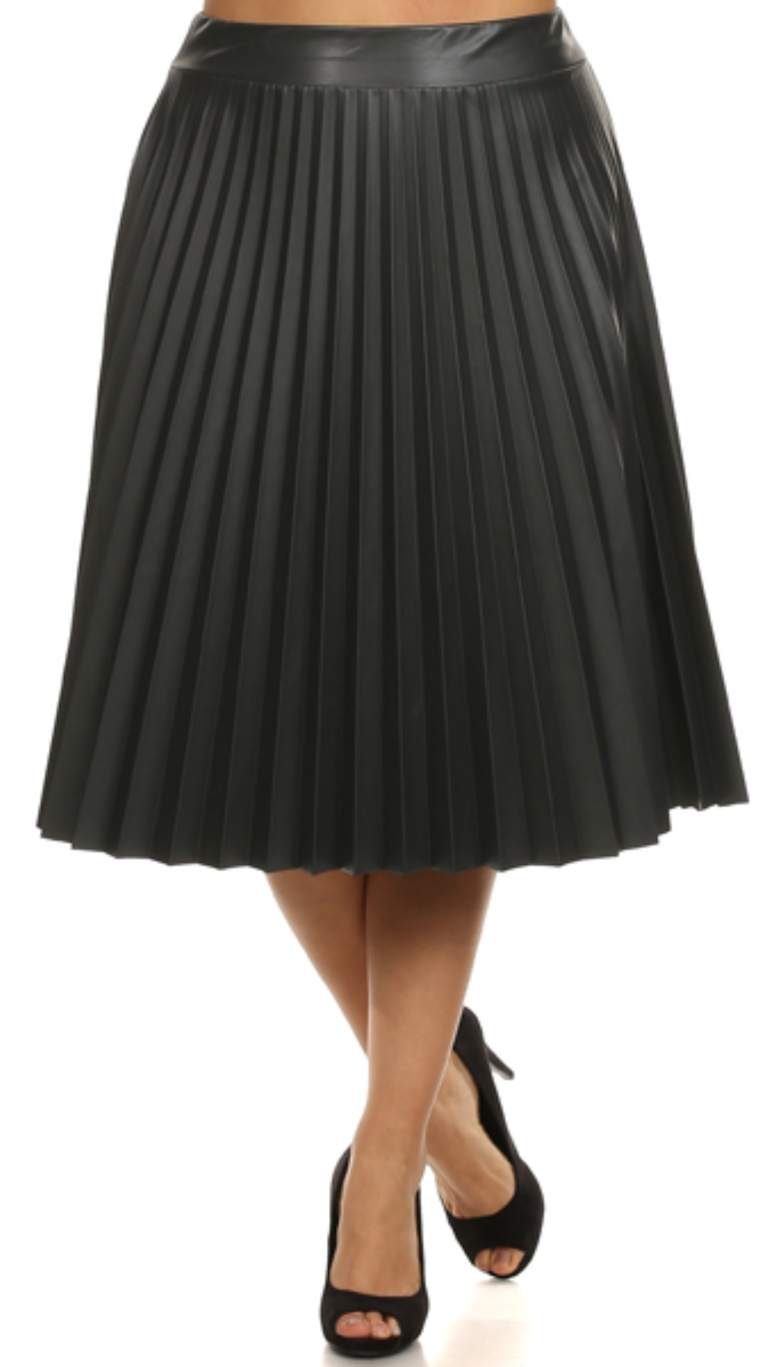 Black Pleated Leather Midi Skirt - 1405