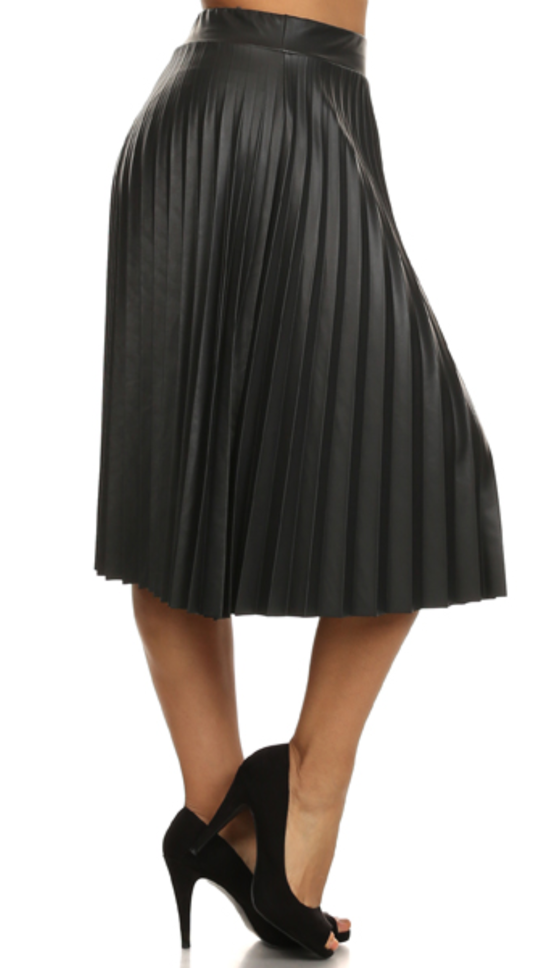 Black Pleated Leather Midi Skirt - 1405