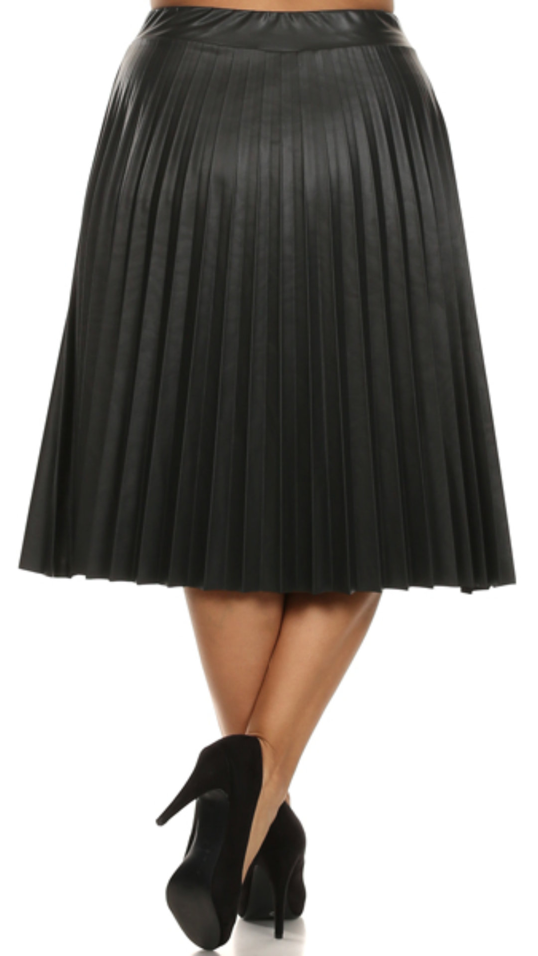 Black Pleated Leather Midi Skirt - 1405