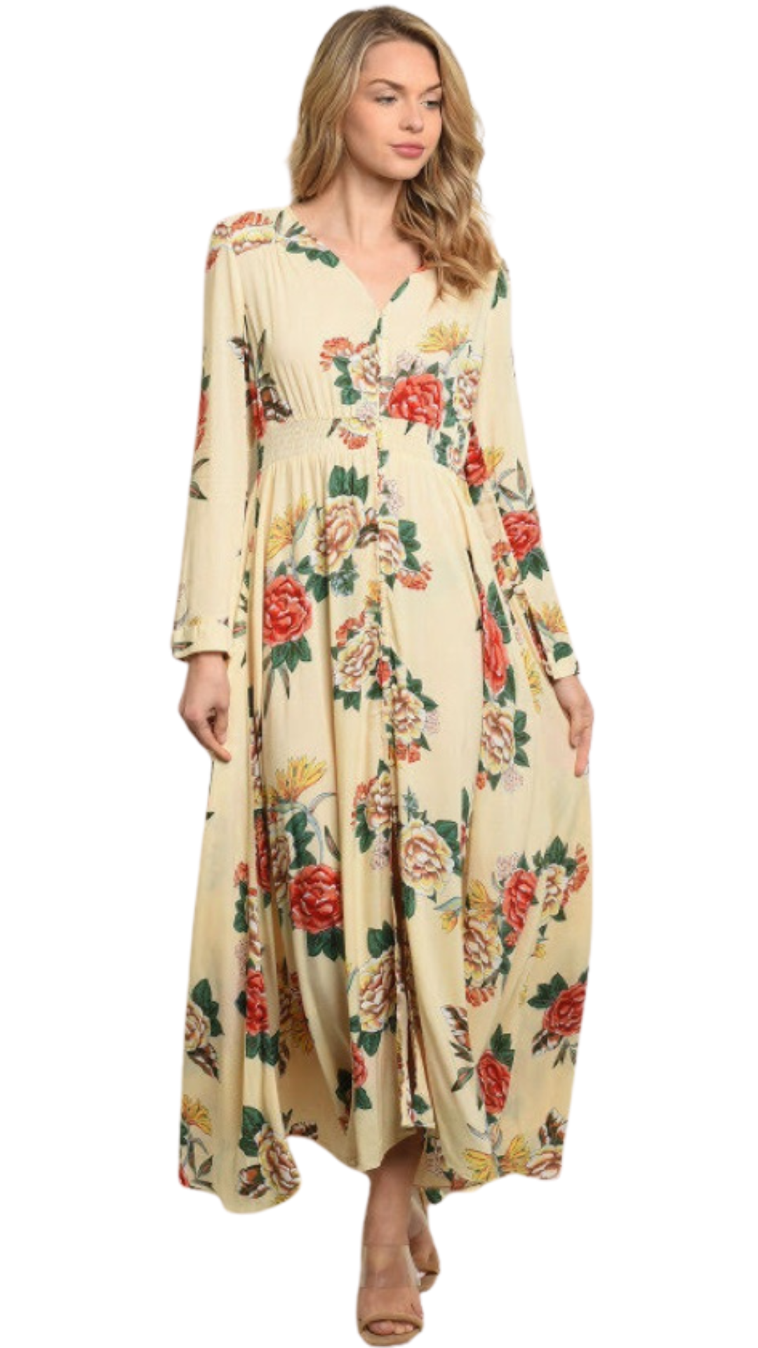 Ivory Floral Long Sleeve Maxi Dress - 1015