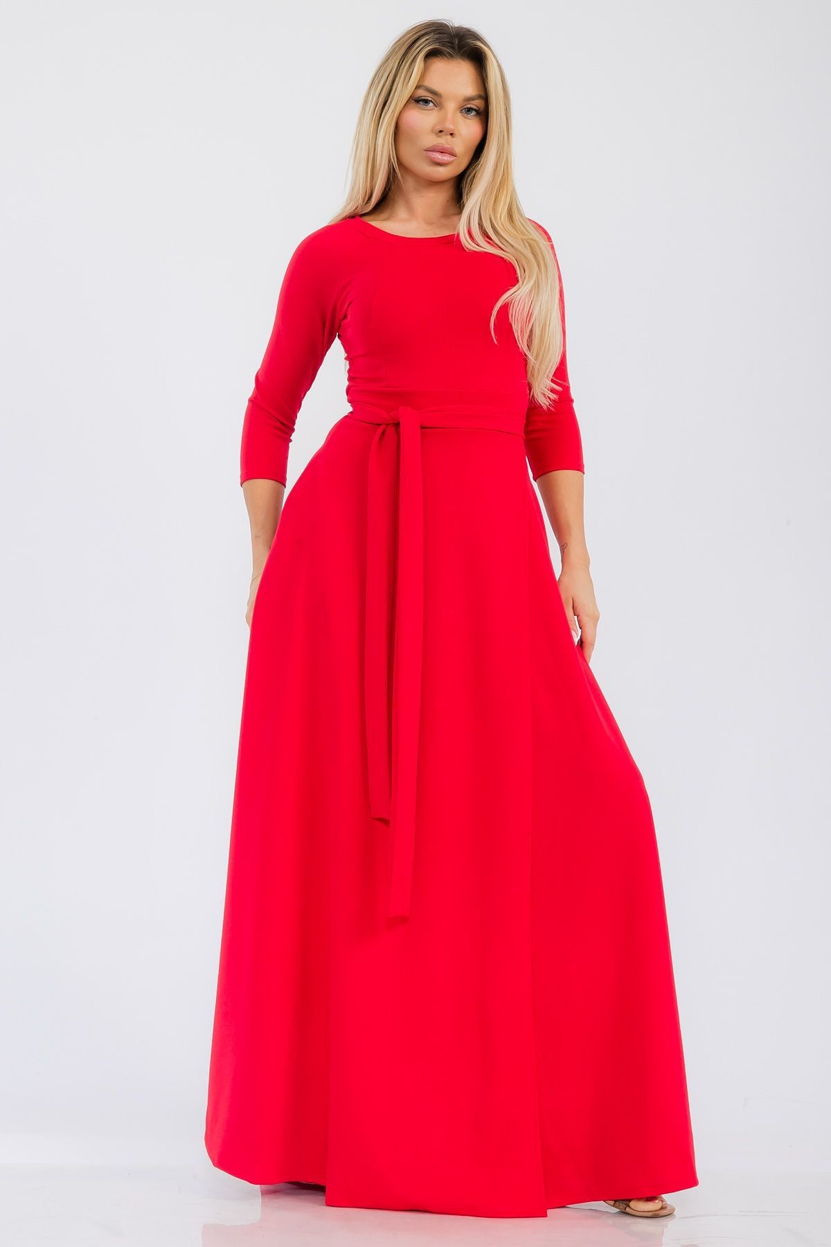 Red Belted Maxi Dress - 1338
