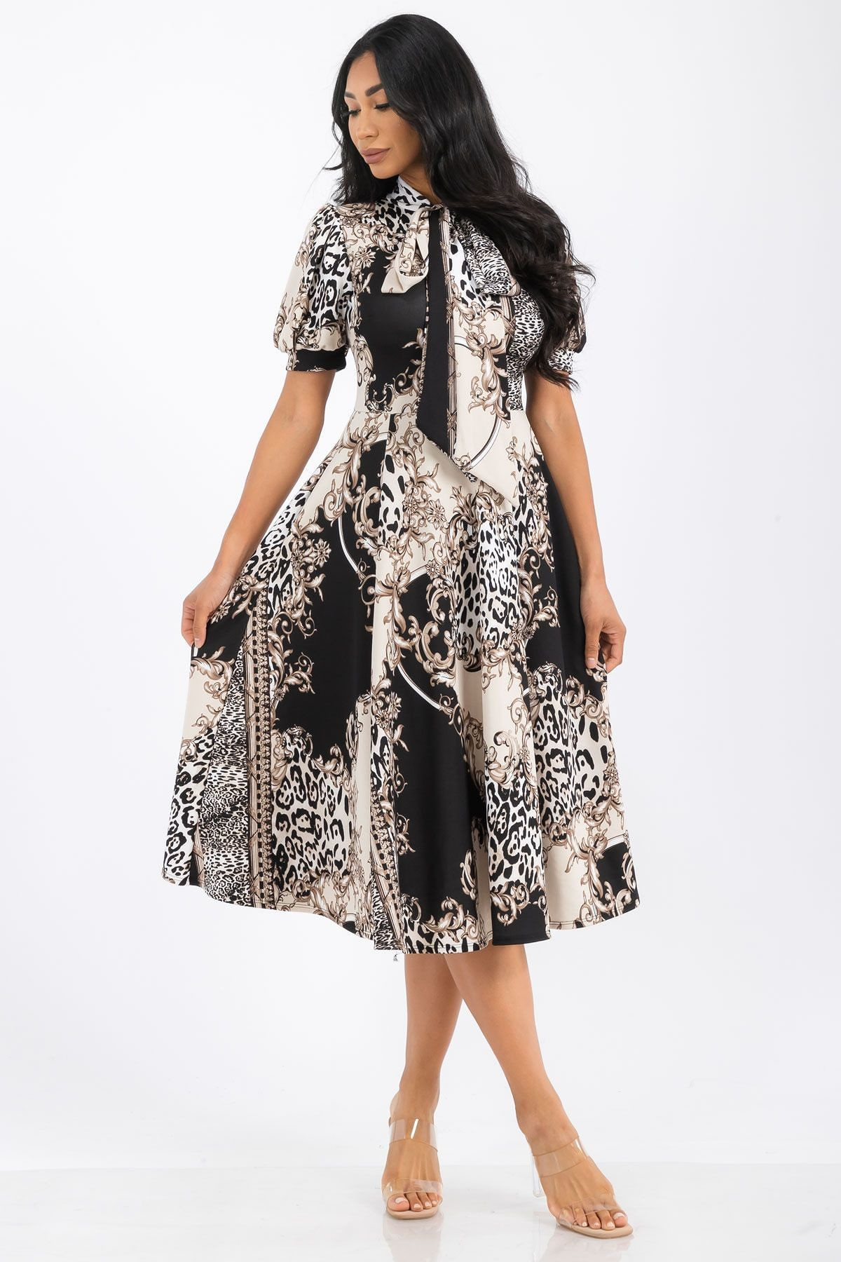 Multi Print Self Tie Bow Midi Dress - 1343